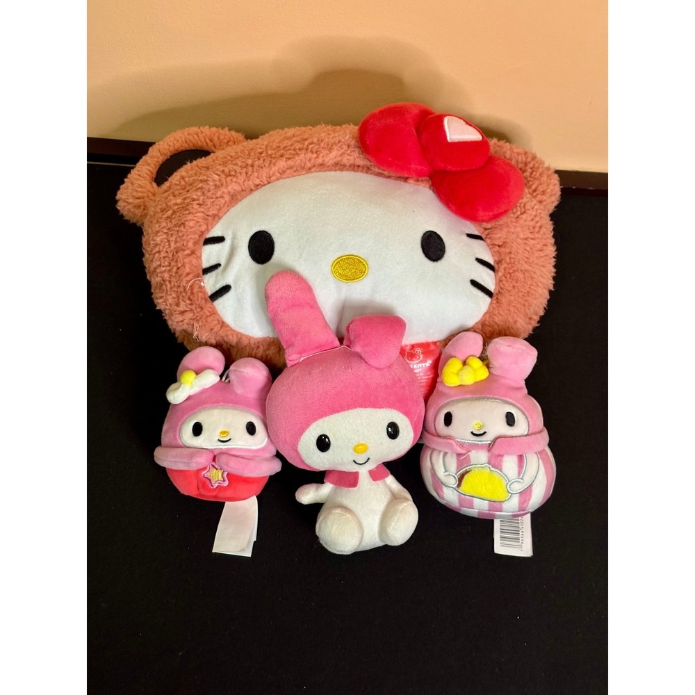 Sanrio Hello Kitty Bear Pillow & My Melody Squishmallow Clips Plush Bundle 4pc